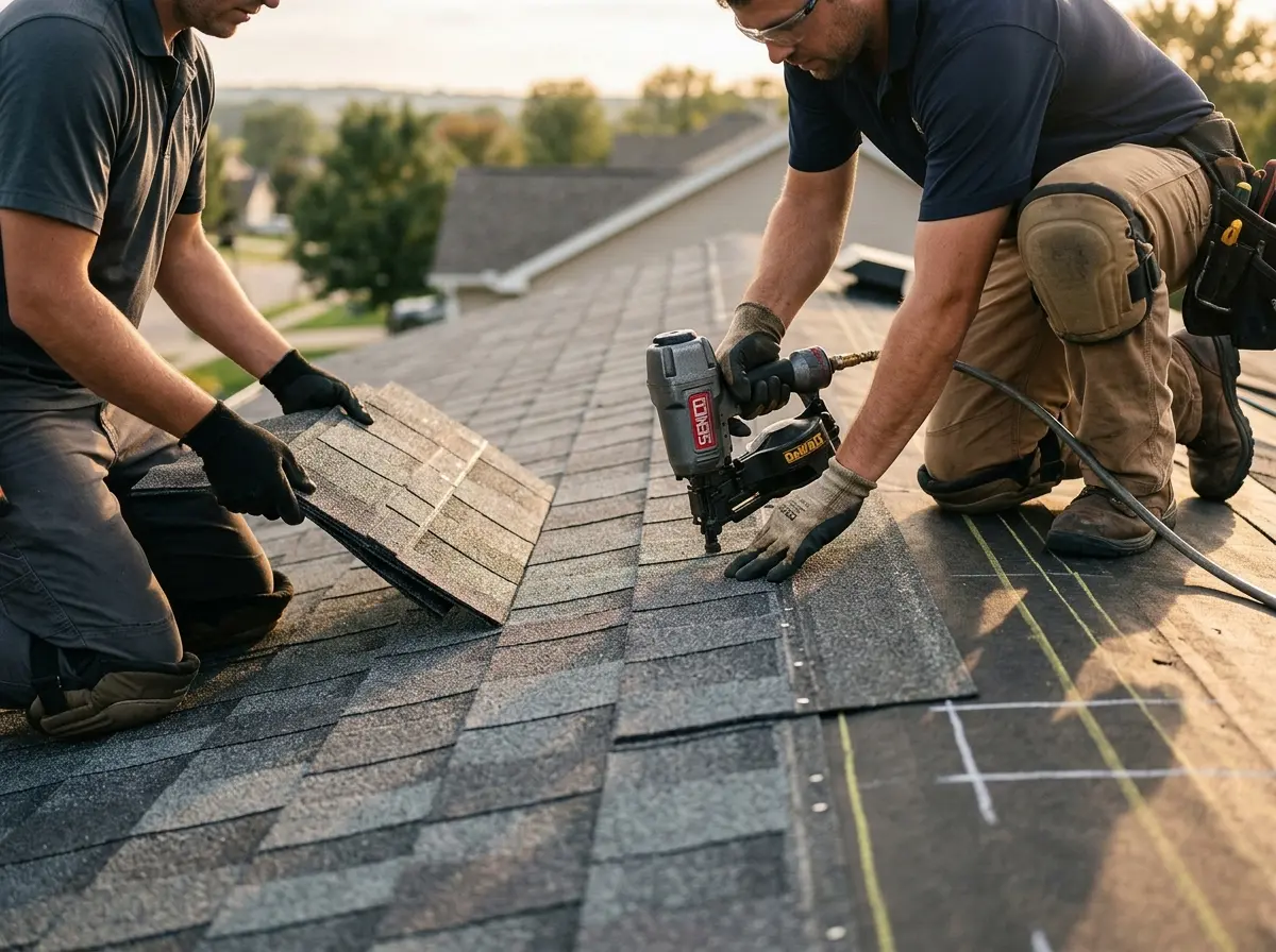 Professional roofer working on a residential roof in Wahpeton